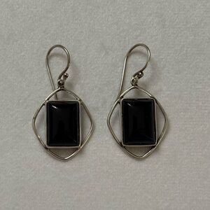 Vintage FNA 925 Sterling Silver Black Onyx Dangly Earrings